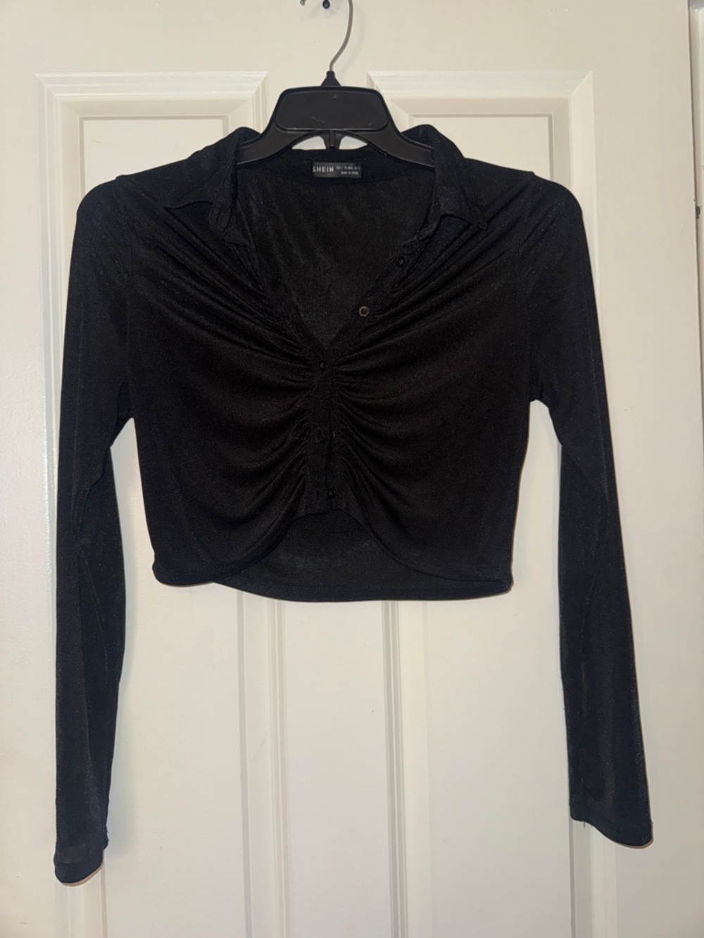 SHEIN Black Ruched Collared Long-Sleeve Crop Top